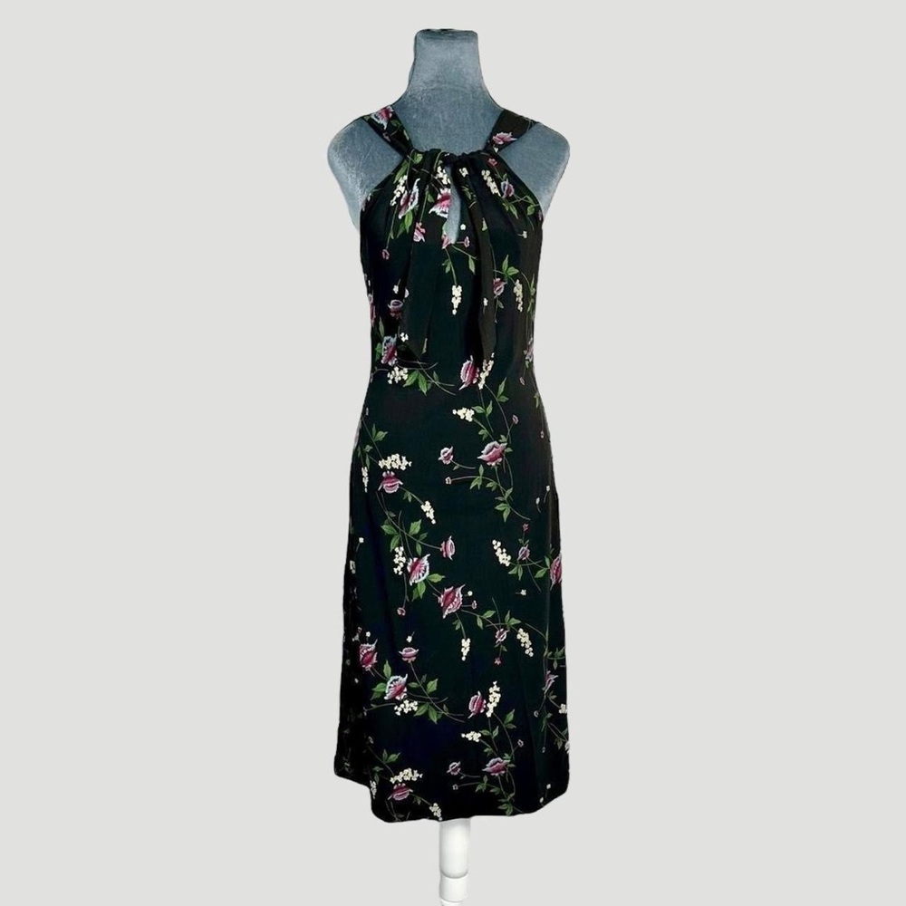 Vintage 90s Y2K BCBG M Floral Halter Keyhole Midi Cocktail Dress Wedding Guest